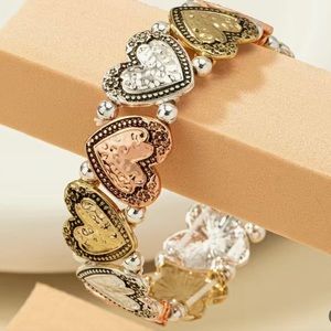 Heart shaped Tricolor Silver Gold and Rose Gold Toned Women’s Stretch Bracelet